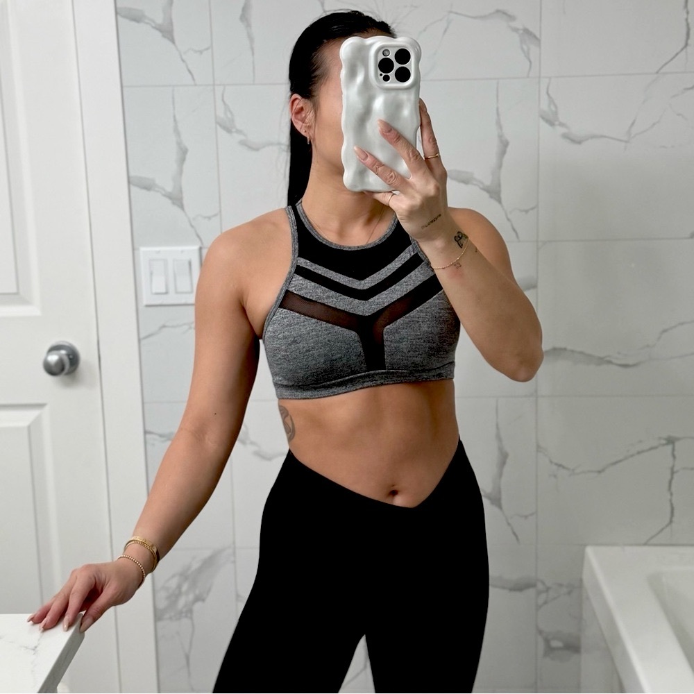 🩶 Forever 21 Mesh Gray and Black High Neck Sports Bra